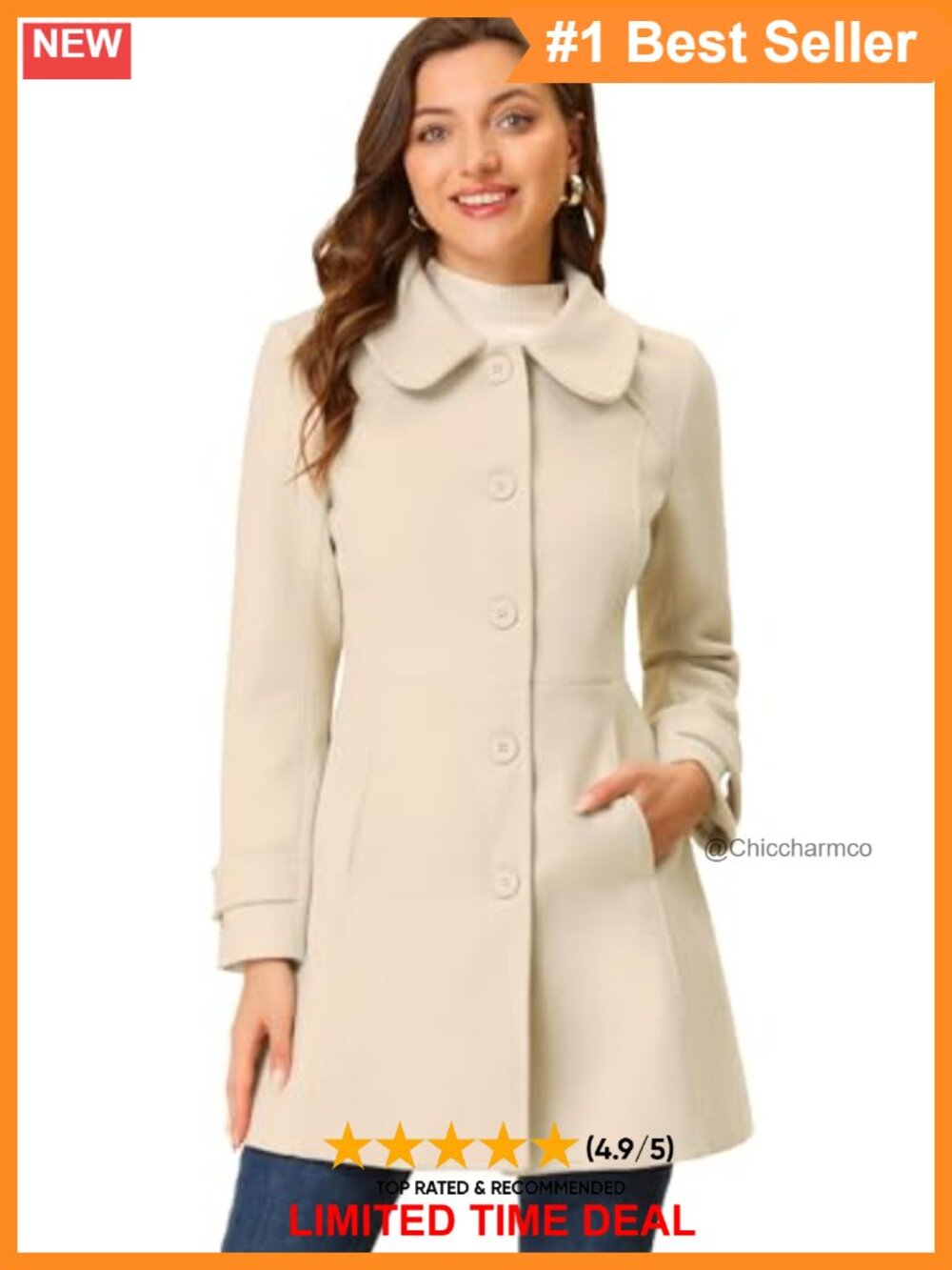 Elegant Peter Pan Collar Long Trench Coat Winter Dressy Overcoat